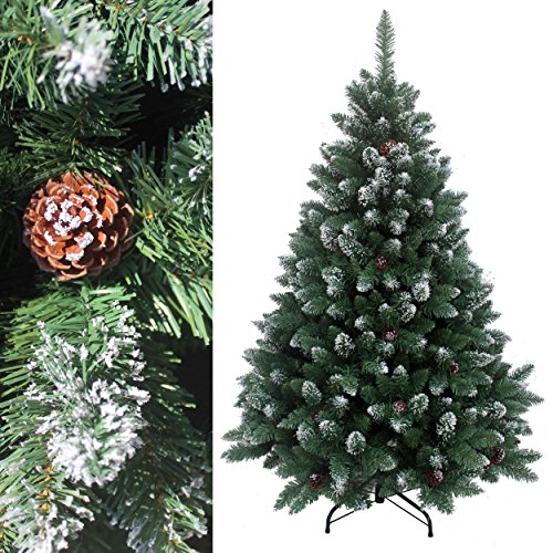 RS Trade 180 cm ca. 1095 Spitzen, Exklusiver dekorierter künstlicher Weihnachtsbaum mit Metallständer, beschneiten Spitzen und Tannenzapfen Deko, Farbe Natur-Schnee HXT 15013