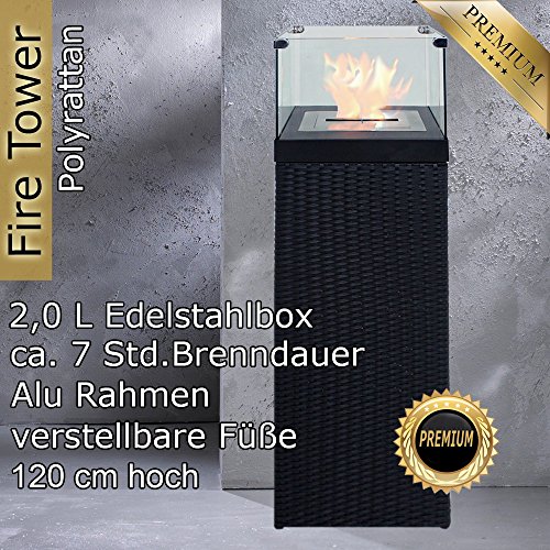 Bio Ethanol Feuersäule Feuerschale Feuerstelle Feuerkorb Kamin Ofen für Garten und Terrasse aus Polyrattan passend zu Sonnenliege und Gartenmöbel Farbe Schwarz