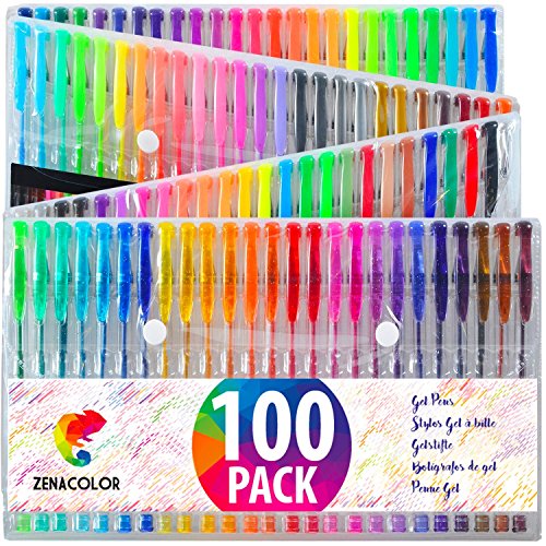 Zenacolor 100 Gelschreiber Gelstifte Set mit Etui - Extra großes Set – 100 einzigartige Farben (keine Duplikate) – mit hochwertiger leicht fließender Tinte - toll für Malbuch für Erwachsene