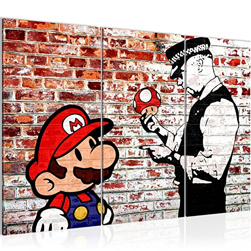 Bilder Mario and Cop Banksy Ziegel Mauer Wandbild 120 x 80 cm Vlies - Leinwand Bild XXL Format Wandbilder Wohnzimmer Wohnung Deko Kunstdrucke Rot 3 Teilig -100% MADE IN GERMANY - Fertig zum Aufhängen 303031b