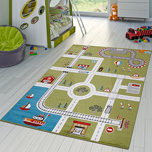 Kinderzimmer Teppich Mit Design City Hafen Stadt Straßen Spielteppich In Grün , Größe:80x150 cm