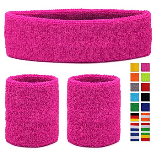HikBill Schweißbänder Set inkl Sport Stirnband und Handgelenk Schweißbänder für Laufen Fahrrad Joggen Tennis Fußball (Pink)