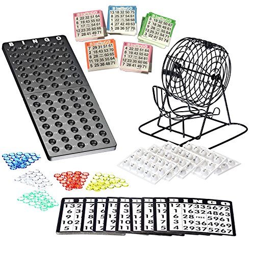 Bingo Spiel Set mit Bingotrommel aus Metall | 75 Kugeln | 500 Bingokarten | 150 Bingochips | Ergebnisbrett
